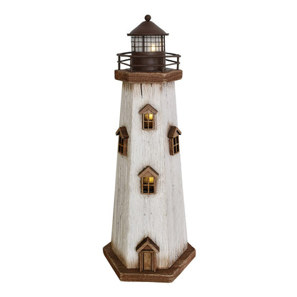 Morning View Lighthouse Decor Nautical Decoration Lighted Wood Light House Figurine Beach House Coastal Decor Table Ocean Seaside Theme Home Decor Lake House Bathroom Shelf Centerpiece 16" (White)