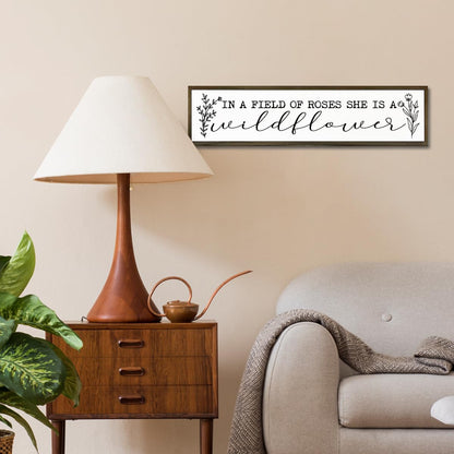 Inspirational Wood Sign, In A Field of Roses She is A Wildflower Sign, Bedroom Decoration for Wall, Girls Room Decor, Floral Home Decor, Decorative Wooden Wall Plaque 17.8x4x1.18 inches