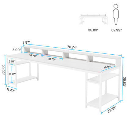 Tribesigns Two Person Desk with Monitor Stand, 78.74" Long Double Computer Office Desk with Storage Shelves, Large Gaming Desk Study Writing Table Workstation for Home Office (White)