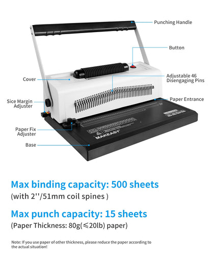 MAKEASY Spiral Coil Binding Machine with 46 Fully Disengaging Pins - 4:1 Pitch - Electric Coil Inserter - Adjustable Side Margin, Comes with Free 1 Box Coil Spines & Plier, 20 Sheet Punch Capacity