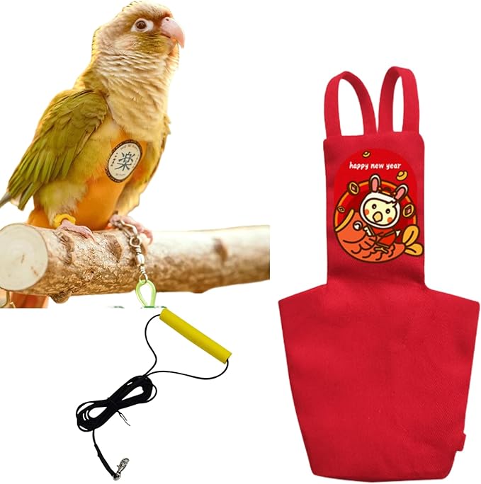 MANON ROSA Bird Diapers Leash Set Washable Reusable Handmade Flight Suit Waterproof Inner Layer - Protective Parrot Nappy Clothes Parakeets Macaws Budgies Canaries (Red2,Zebra Finch)