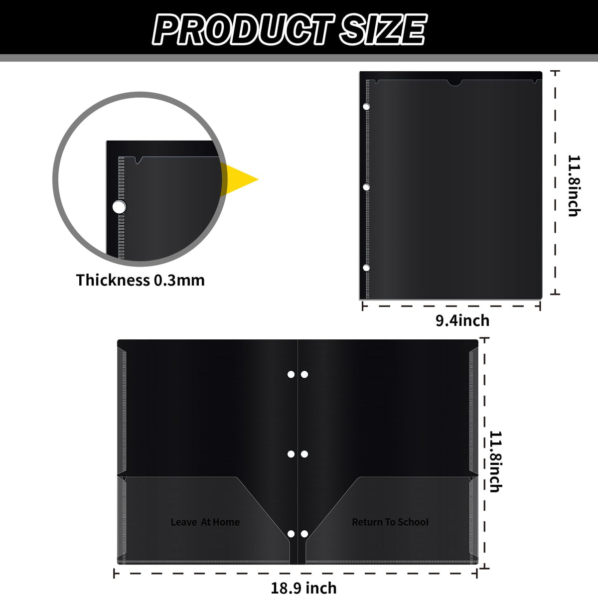 30 Pcs 3 Hole Punch Parent Teacher Communication Folders with Clear Front Pockets for 3 Ring Binders, 2 Pockets Homework Take Home Plastic Folders Classroom Folder for Kid Student ﻿ (30, Black)