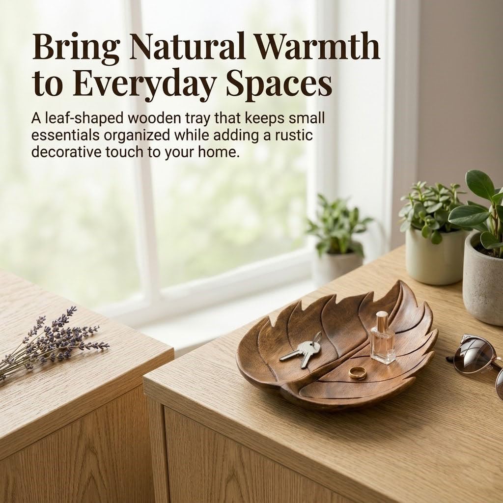 Wooden Leaf Tray, Leaf Shaped Trinket Dish for Keys, Jewelry, Crystals, Candles, Rustic Decorative Tray for Entryway, Nightstand, Vanity, Coffee Table, Fall Home Decor