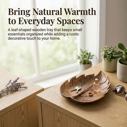 Wooden Leaf Tray, Leaf Shaped Trinket Dish for Keys, Jewelry, Crystals, Candles, Rustic Decorative Tray for Entryway, Nightstand, Vanity, Coffee Table, Fall Home Decor