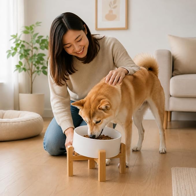 hjn Elevated Ceramic Dog Bowl 15°Slanted Raised Dog Bowl with Bamboo Stand for Small Medium Dogs and Cats, Pet Feeder -3.6-Cup (850ml)-White