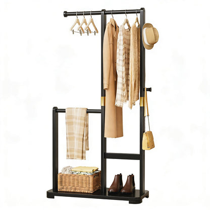 Wamhom Solid Wood Coat Rack, Freestanding Standing Clothes Rack with Double Hanging Rods for Coats, Jackets, Wooden Coat Tree Garment Rack for Bedroom Entryway Hallway, Space Saving Small Coat Rack