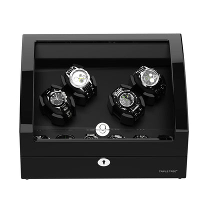 Watch Winder for 4 Automatic Watches, with Extra 6 Watch Storages, LED Illumination, Wood Shell Piano Finish, Silent Motor, Flexible Watch Pillow and USB Cable