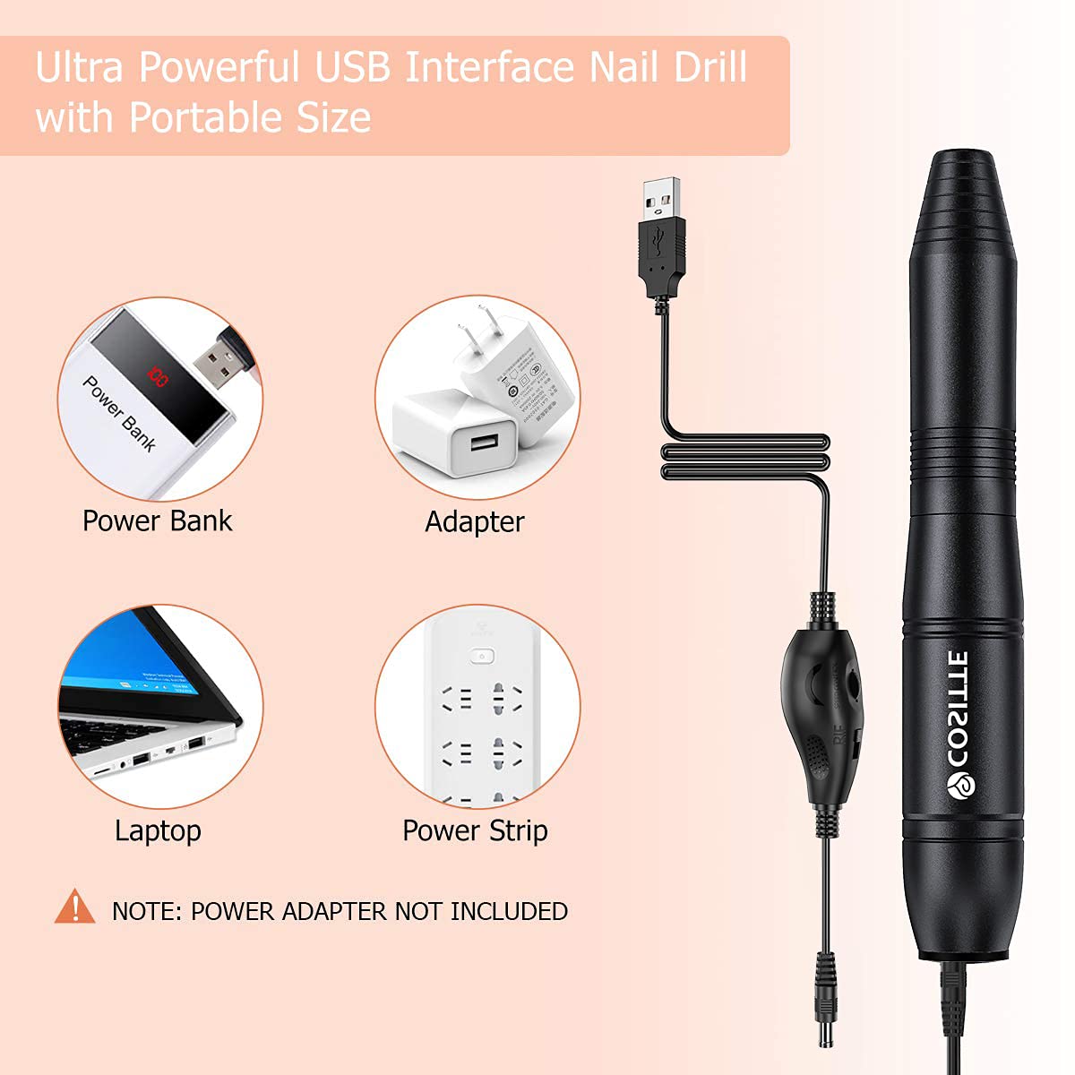 Electric Nail Drill,USB Electric Nail Drill Machine for Acrylic Nail Kit,Portable Electric Nail File Polishing Tool Manicure Pedicure Kit Efile Nail Supplies for Home Salon,Pink