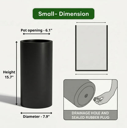 Wil & Vic 89s 15.7'' H x 7.9'' Dia (6.1'' Pot Opening) Jupiter Fiberglass, Cylinder Tall Planter with Drainage Hole, Lightweight, Durable Minimalist Home Decor, Included Extra Coco Mats, Black