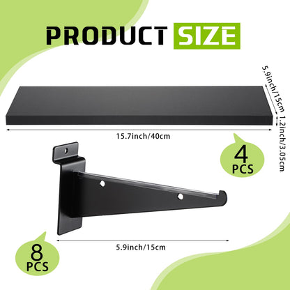 Beeveer 4 Pack Wooden Slatwall Shelf Set 15.7 × 5.9 Inch Black Slatwall Shelves with Metal Brackets Wall Mount Slatwall Shelf Bracket Wall Organizer Slatwall Accessories for Garage Home Retail