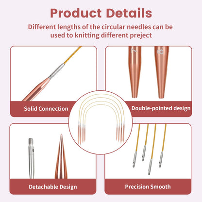 liomey Interchangeable Circular Knitting Needles Set - 13 Pairs (3mm-10mm) with 4 Flexible Cables, Aluminum Needle, Ergonomic Design for Beginners and Advanced Knitters, Rose Gold