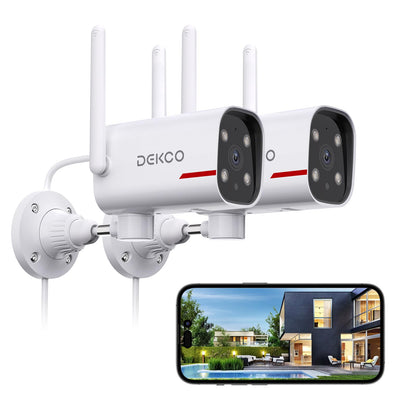DEKCO Outdoor Security Camera 2K Pan Rotating 180° Wired WiFi Cameras for Home Security with Two-Way Audio, Night Vision, 2.4G WiFi, IP65, Motion Detection Alarm (2 Pack)