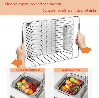 NiuYichee Stainless Steel Dish Drying Rack(15"L X 12.6"W X 4.7"H), Expandable Fruit & Vegetable Drain Rack over Sink, Dish Drainer Rack in Sink, with Stainless Steel Utensil Holder & Silicone Mat(16")