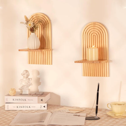Walasis Boho Wall Decor Set of Two - Natural Modern Minimalist Mid Century Wall Candle Holder for Living Room - Wood Bohemian Decor for Bathroom Nursery Bedroom