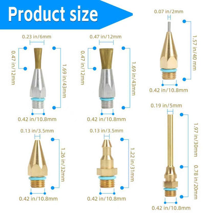 Premium 6-Piece Copper Hot Glue Gun Nozzle Set with Wrench and O-Rings - Includes 2 Flat Nozzles, Interchangeable Heat Gun Attachments for Precision Crafting and DIY Repairs