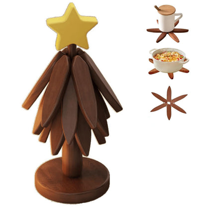 Trivets for Hot Dishes, Upgraded Foldable Wooden Coaster Set Walnut Wood Christmas Tree Trivet Stand Home Decoration for Hot Pots Bowl and Pan (4 Trivets)