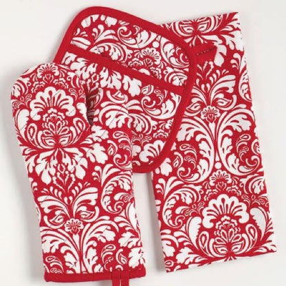 DII Cotton Dish Towel Set Damask Print, Tango Red