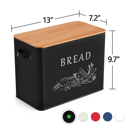 P&P CHEF Bread Box for Kitchen Counter, Metal Bread Storage Bin with Wooden Cutting Lid, Large Capacity for Holding 2+ Loaves, Retro Modern Style, Size 13” x 7.2” x 9.7”, Black