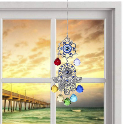 Hamsa Hand with Blue Evil Eye Protection Hanging Crystal Ornament with Chakra Energy Crystal Balls