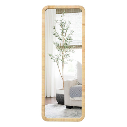Gumcoly Rattan Mirror 18"x48" Rectangle Long Full Length Mirror Farmhouse Wicker Wooden Framed Full Body Floor Mirror Lean Against Wall for Bathroom Entryway Living Room Bedroom Fireplace Nature