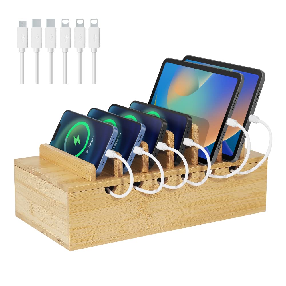 LEOKKARR Bamboo Charging Station for Multiple Devices, Desk Docking Stations Organizer Compatible with iPhone Devices, Wood Charging Cell Phone Holder Stand (Includes 6 Cables) (NO Power Supply)