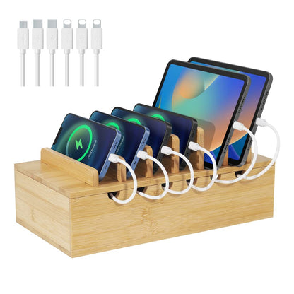 LEOKKARR Bamboo Charging Station for Multiple Devices, Desk Docking Stations Organizer Compatible with iPhone Devices, Wood Charging Cell Phone Holder Stand (Includes 6 Cables) (NO Power Supply)