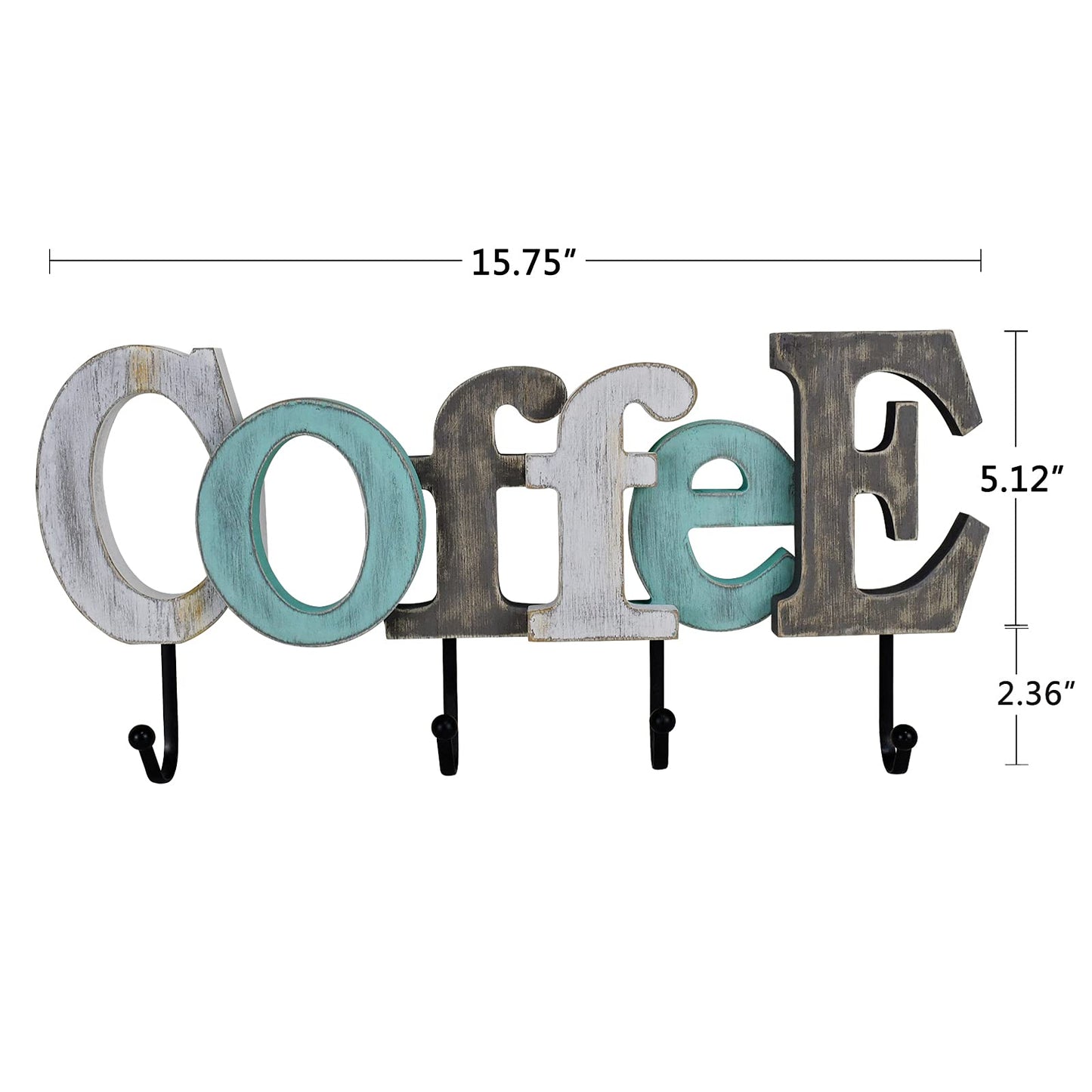 Linfevisi Wooden Coffee Sign Aqua Hanging Block Letters Sign Rustic Wood Word Decor Coffee Wall Sign Cutout Word Art Wall Decor Decorative Key Holder Hanger with 4 Hooks (coffee)