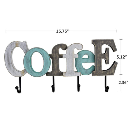 Linfevisi Wooden Coffee Sign Aqua Hanging Block Letters Sign Rustic Wood Word Decor Coffee Wall Sign Cutout Word Art Wall Decor Decorative Key Holder Hanger with 4 Hooks (coffee)
