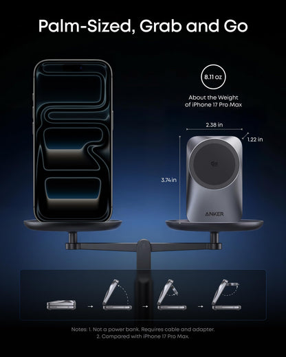 Anker Prime 3-in-1 Charging Station, AirCool Wireless Charger, Qi2 25W Certified Palm-Sized Foldable MagSafe Charger Compatible with iPhone 17, Apple Watch, AirPods (Non-Battery, with Adapter)