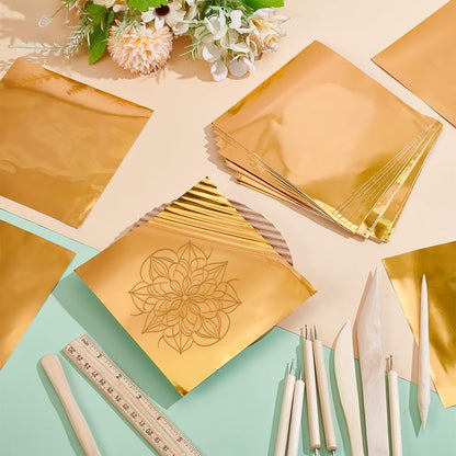 AHANDMAKER 100 Sheets Heavy Duty Aluminum Foil Sheet, 6 x 6 inch Gold Flashing Square Tin Foil Heavy Duty Board for Painting Engraving Embossing Mounting Art Project Crafts, 0.07mm Thick
