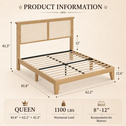 GAOMON Queen Size Rattan Wood Bed Frame, Rattan Bed with LED Light & Natural Headboard, Boho, Storage Space Underneath, Sturdy Wooden Slats Support, No Box Spring Needed