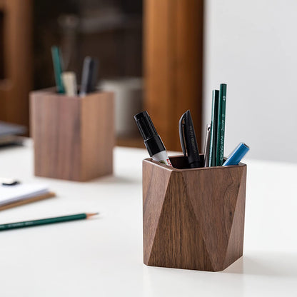Soseelnee Black Walnut Wooden Pencil Box, Multiple-Use Desk Writing Stationary Organizer Wood Pen Holder Cups Office School Supplies Storage (Prismatic Shape)