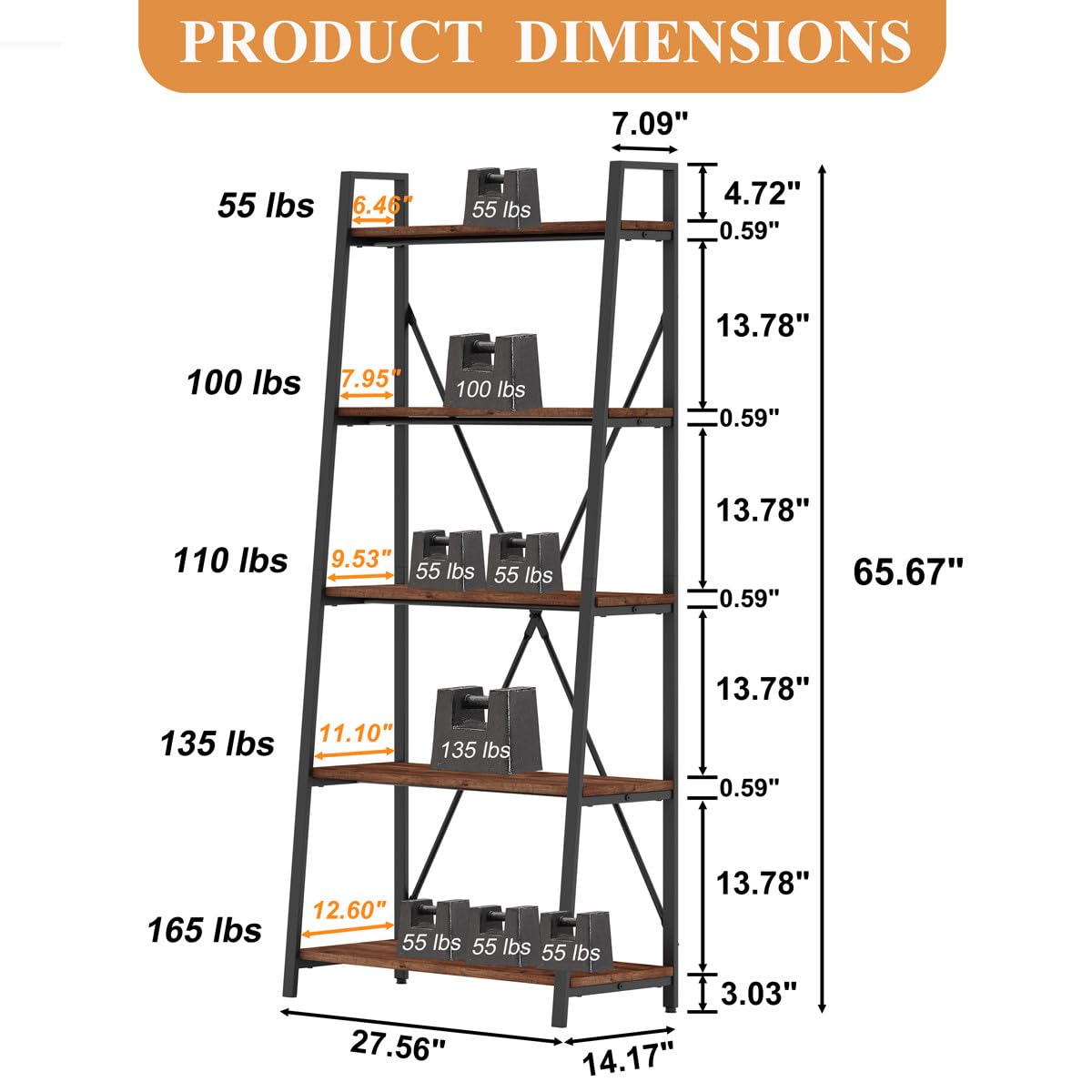 BON AUGURE Ladder Shelf Bookcase, 5-Tier Industrial Ladder Bookshelf, Tall Living Room Shelves, Wood and Metal Leaning Shelf for Home Office, Kitchen, Bedroom, Balcony (Rustic Oak)