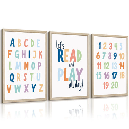Kids Playroom Wall Art Decor Alphabet Poster Play Room Canvas Wall Decor ABC Nursery Wall Art 123 Toddler Poster Let's Read for Boy Girl Room 12x16 Inch Wood Framed Set of 3