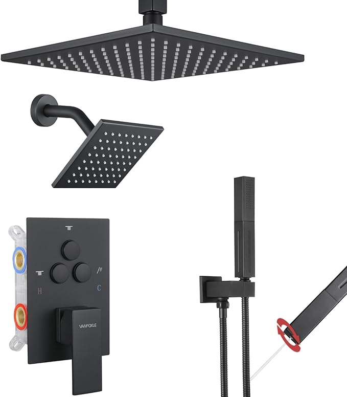 VANFOXLE Shower Faucet Set Matte Black Shower System, Push Button Diverter Shower Faucet with Trim Kit, Ceiling Mount 10 Inch Shower Head Increased Thick, 6 Inch Side Shower Head, 2-in-1 Handheld