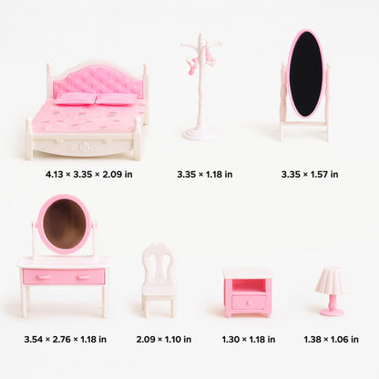 OLEOCA Family Dollhouse Bedroom Set — Bed, Pillows & Bedspread, Vanity with Mirror, Nightstand, Floor Mirror, Chair, Lamp, Coat Rack & Hangers — Dollhouse Furniture & Accessories for Ages 3+