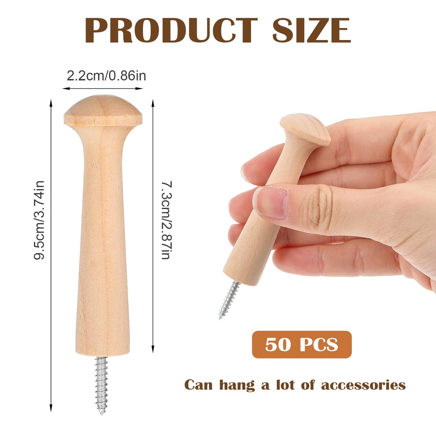 50 Pcs Wooden Shaker Peg Screw-on Pegs 2.87 Inch Long Unfinished Wood Shaker Racks for Hanging Clothes Hats Towel and More DIY Paint Color (Wood Color)