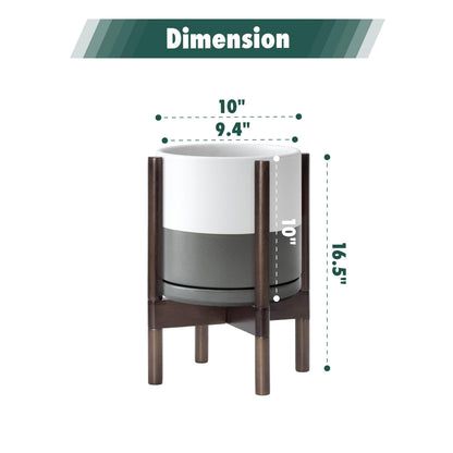 D'vine Dev Ceramic Planter with Walnut Color Stand - 10 Inch Modern Round Flower Pot with Wood Planter Holder, White/Grey, 55-B-X-6