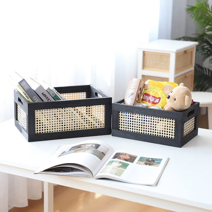 HODAKJUE Wood Baskets, Rattan Storage Baskets for Organizing, Black, Set of 2