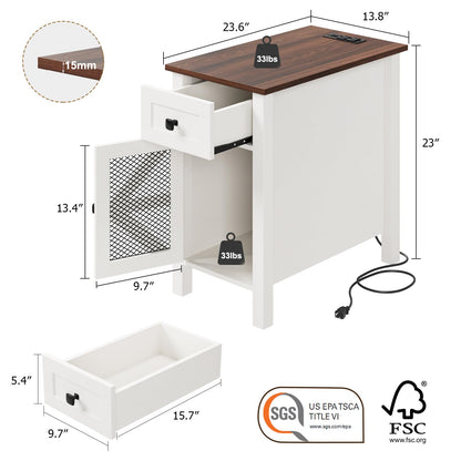 HAIOOU Farmhouse End Table with Charging Station, Narrow Side Tables for Living Room, Bedside Table with Storage Cabinet and Drawer, Slim Wood Nightstand for Small Space(Rustic White)