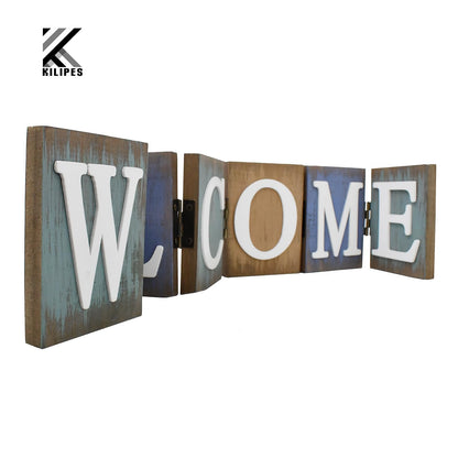 Welcome Tabletop Wooden Cutout Letter Sign - Folding Hinged Free Standing Rustic Love Word Sign for Table, Shelf, Mantel, Fireplace Farmhouse Home Decor