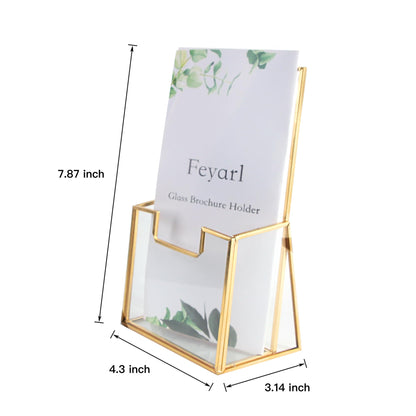 Feyarl 2 Pack Gold Glass Trifold Brochure Holder 4 Inch Flyer Pamphlet Display Stand for Office Reception Desk Countertop Literature Rack