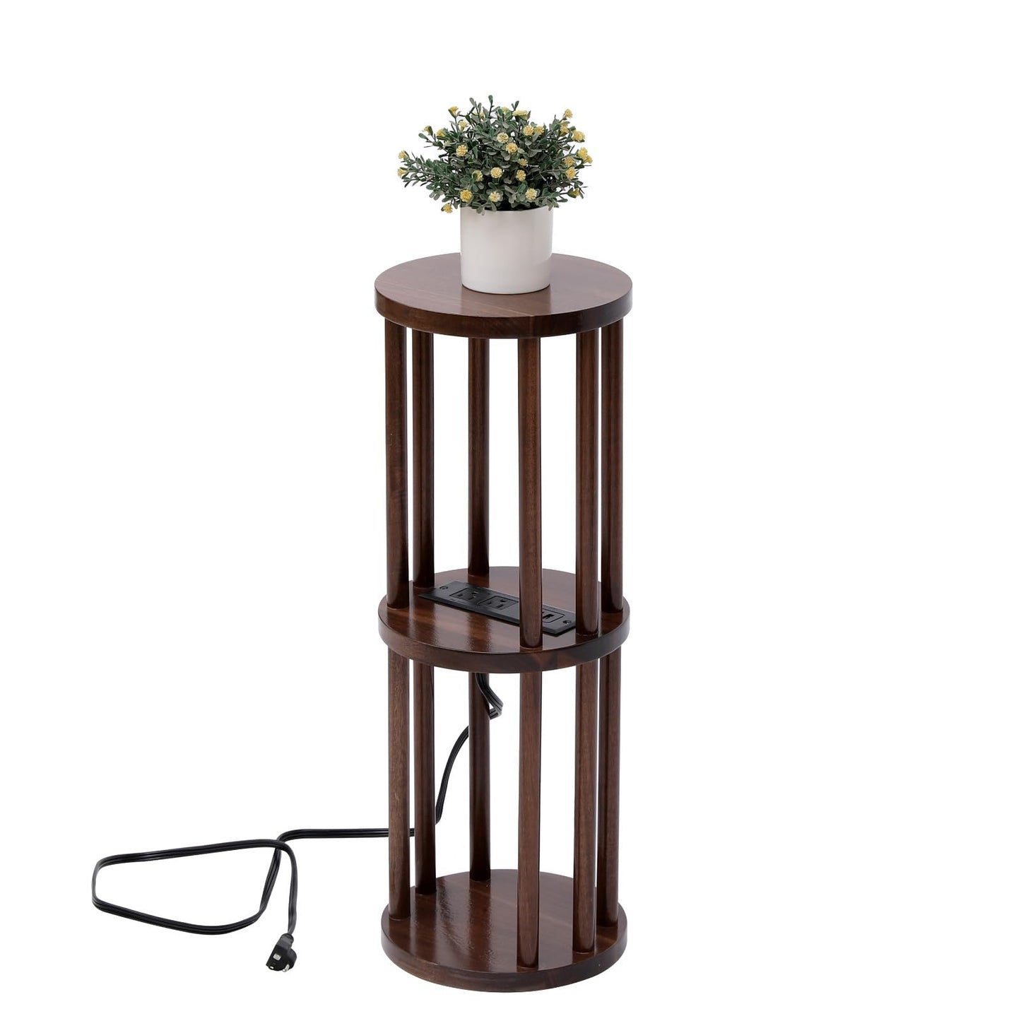 9 x25 Fully Assembled Walnut Wood Round Drink Table with Charging Station, Mid-Century Modern Circle Wood Accent Pedestal Table for Living Room or Small Bedroom Nightstand