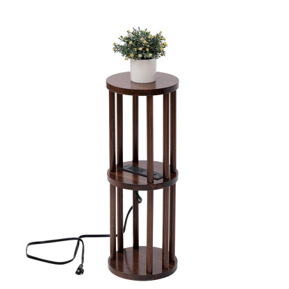 9 x25 Fully Assembled Walnut Wood Round Drink Table with Charging Station, Mid-Century Modern Circle Wood Accent Pedestal Table for Living Room or Small Bedroom Nightstand