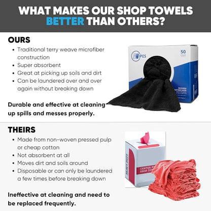 Black Microfiber Shop Towels | MWipes Reusable Shop Rags | 50 Rags in a Box |