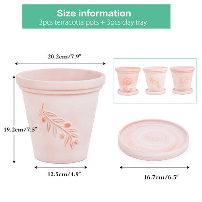 Sungmor Set of 3 Terra Cotta Pots with Saucer & Drainage Hole, 8 Inch Large & Deep Clay Pots, Unique Embossed & Pretty Color Pottery Planters for Plants Orchid Cactus Succulent