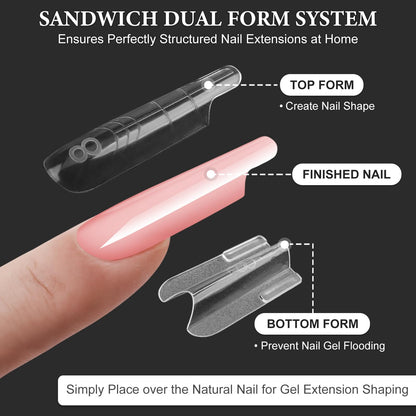 SUTOKAKA 280Pcs Sandwich Nail Dual Forms for Polygel Extension Builder Gel 140 Pairs Coffin Shape Top and Bottom Plastic Nail Molds with Tools for DIY Manicure Art At Home