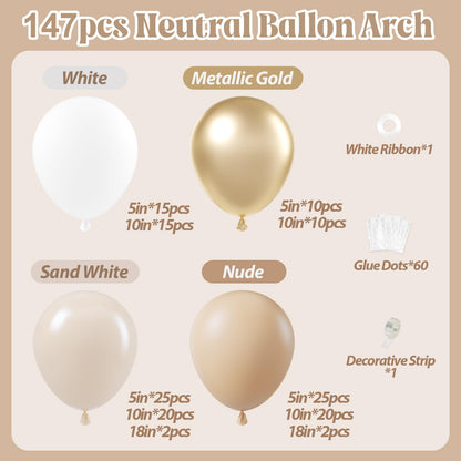 147pcs Neutral Balloon Arch Kit, Neutral Balloon Garland with Nude Sand White Metallic Gold Balloons for Wedding Birthday Baby Shower Decorations
