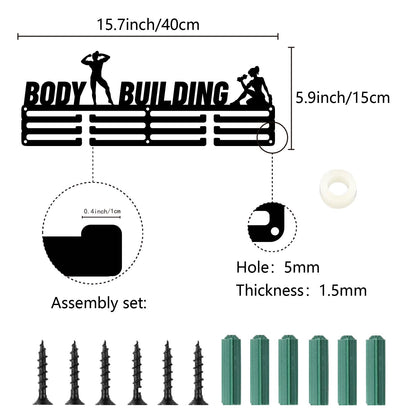 CREATCABIN Body Building Medal Holder Bodybuilding Medal Hanger Display Sports Ribbons Organizer Metal Black Rack Frame Shelf Wall Hanging Over 60+ Medals for Player Athlete Medalists 15.7 x 5.9 Inch