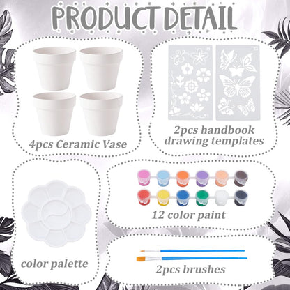 WEBEEDY 4 Sets DIY Ceramic Succulent Pots Paint Kit for Adults Beginner DIY Paintable Ceramics Pots with Butterfly Flower Stencils, Paints, Brushes, Palettes Paint Your Own Pots for Home Decor